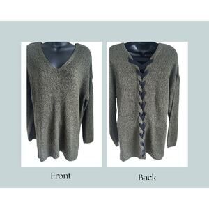 Soft Grunge Olive Knit Sweater Oversized Slouchy V-Neck Lace Up Back Indie L